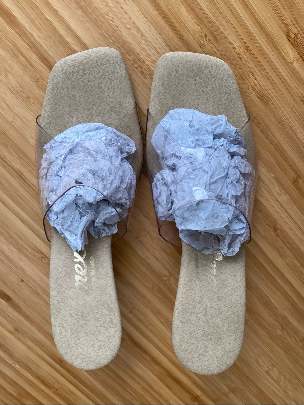 Onex Beige Slide Sandals with Clear Strap - Women Size 8